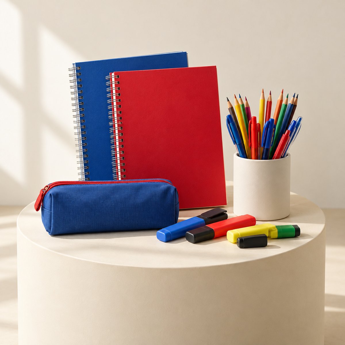 Cartoleria: quaderni, matite colorate, astuccio ed evidenziatori