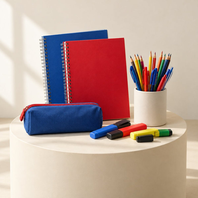 Cartoleria: quaderni, matite colorate, astuccio ed evidenziatori